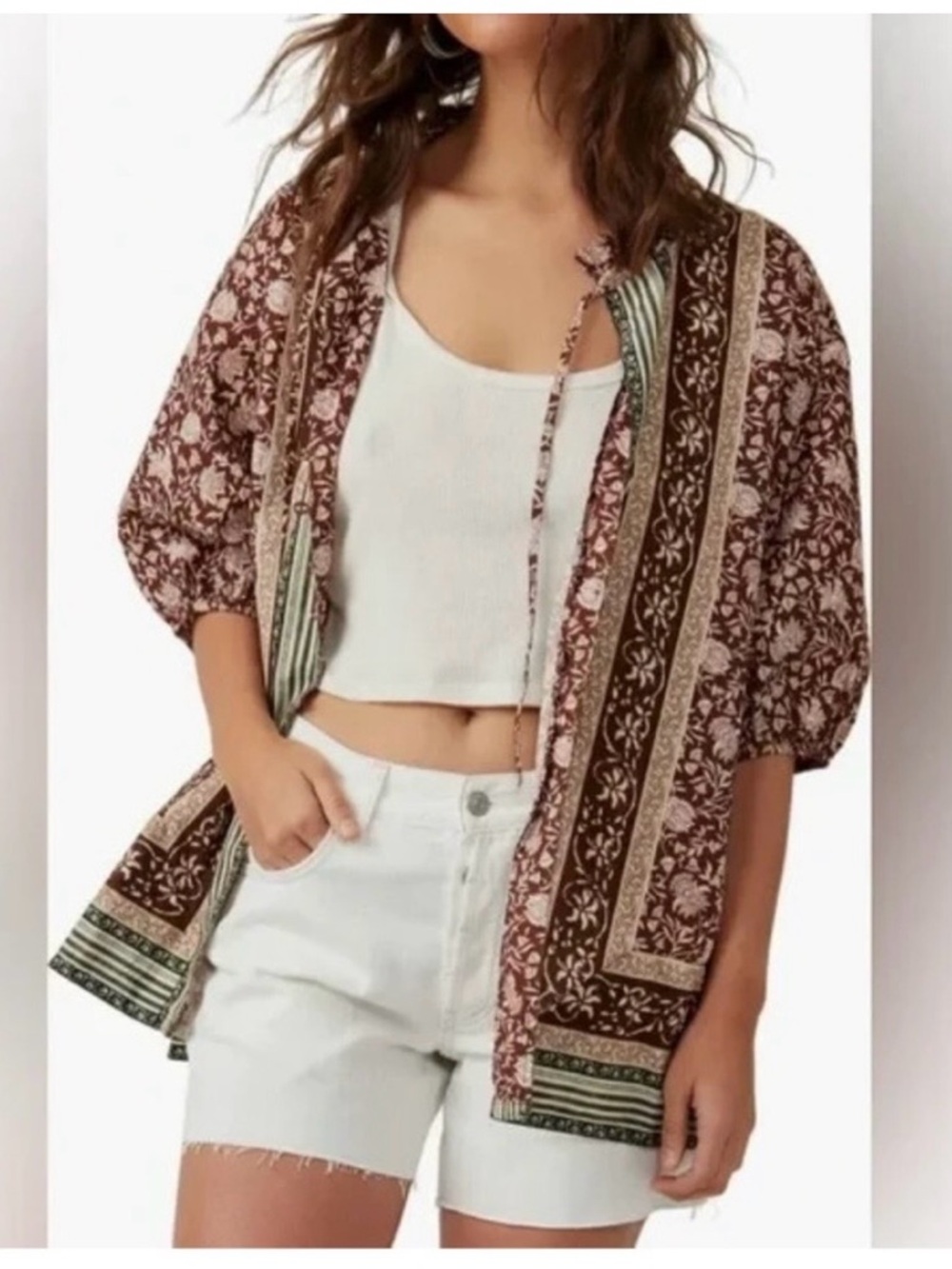 Free People Border Batik Top Floral Chestnut Brown-NWOT - Picture 3 of 5